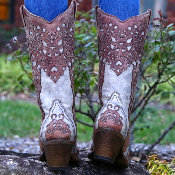 CORRAL A2665 cognac leather lace look overlay cowgirl western boots snip toe 6.5 - Picture 2 of 16
